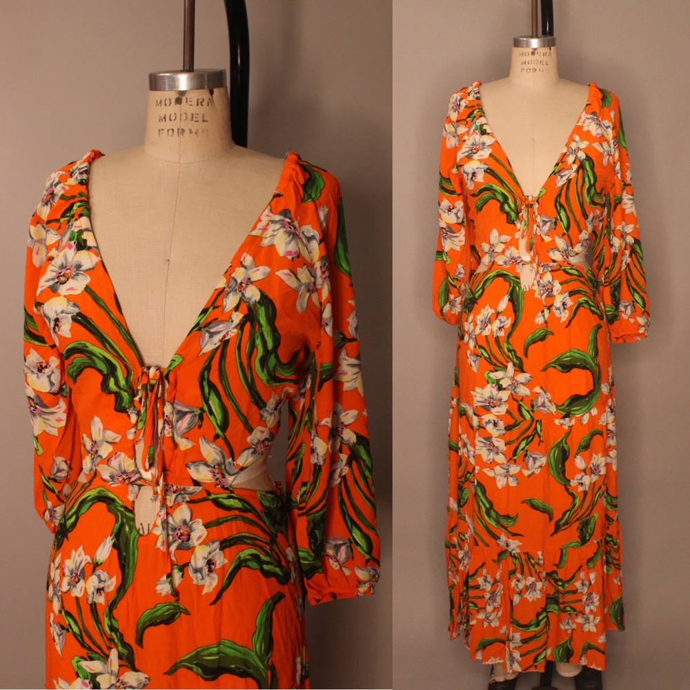 Zara Orange Floral Maxi Dress with Green Leaves